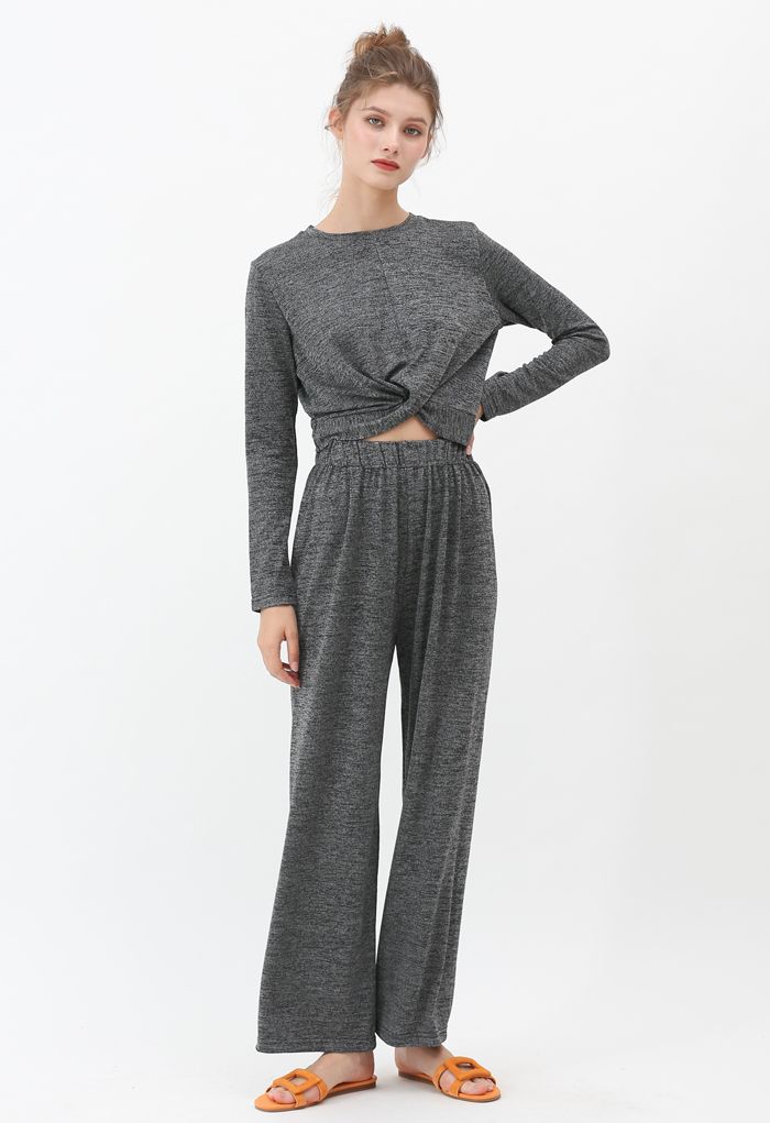 Twist Crop Knit Top and High-Waisted Pants Set in Smoke