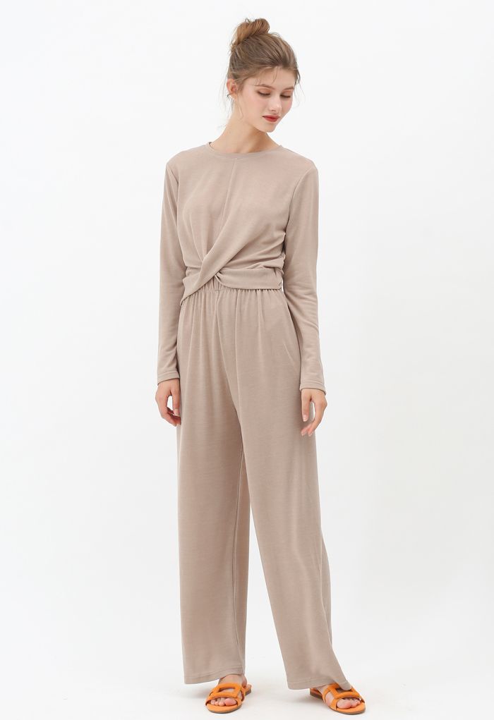 Twist Crop Knit Top and High-Waisted Pants Set in Tan