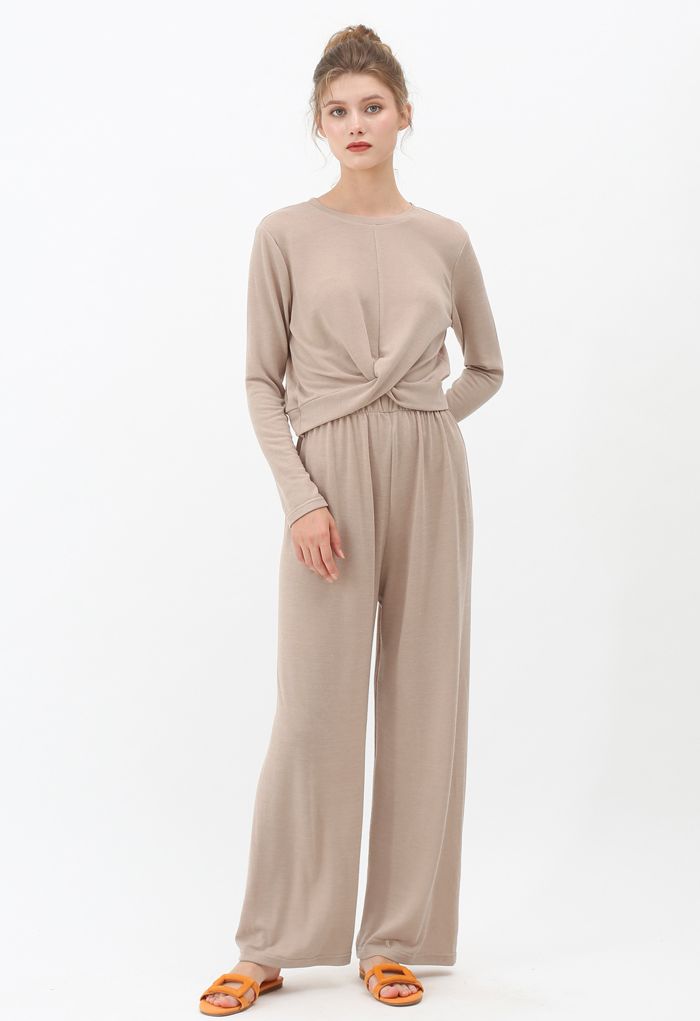 Twist Crop Knit Top and High-Waisted Pants Set in Tan
