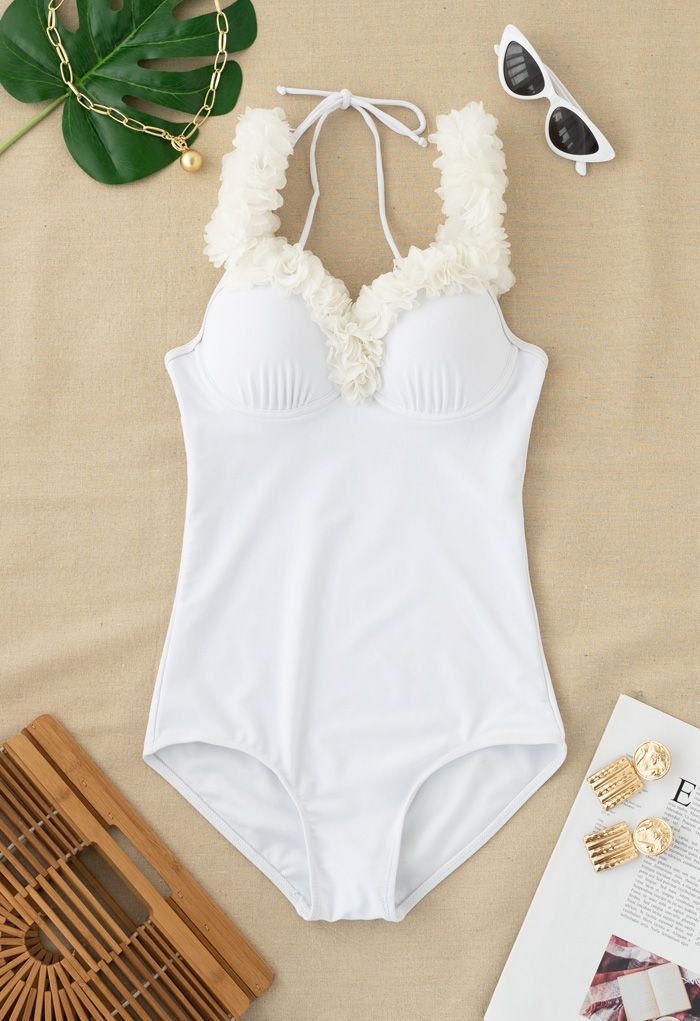 Mesh Flower Straps Halter One-Piece Swimsuit in White