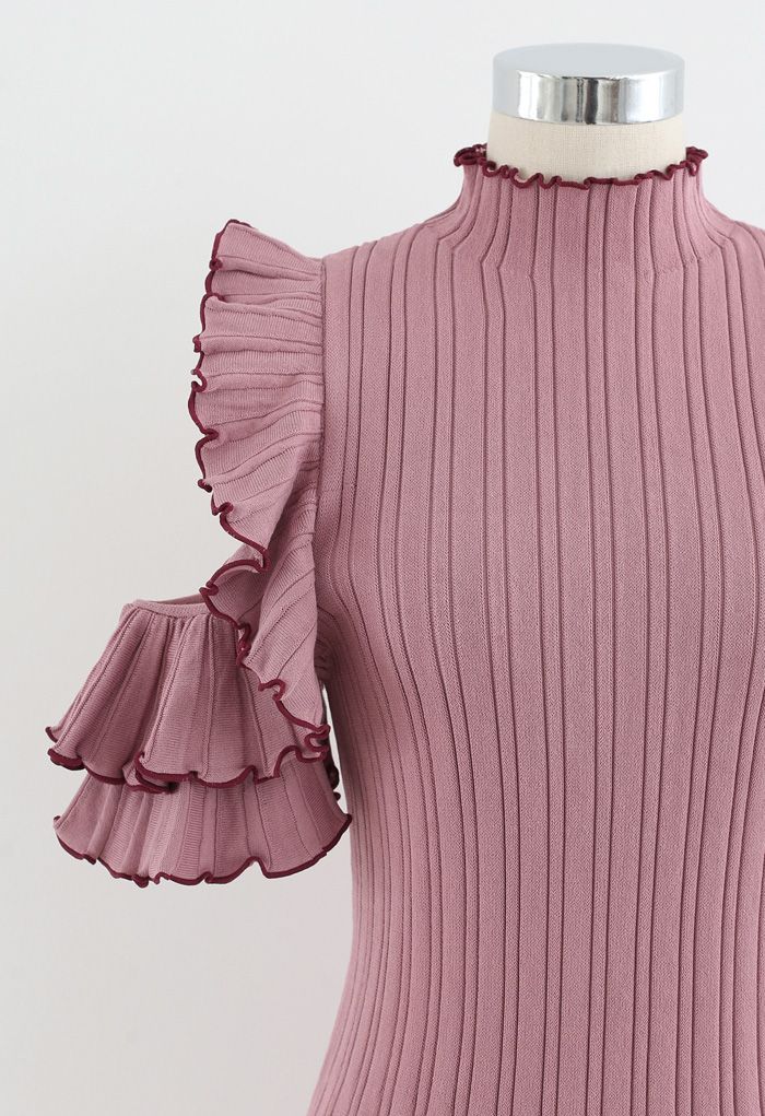 Ruffle Cold Shoulder Ribbed Knit Dress in Pink