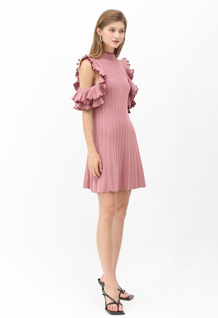 Ruffle Cold Shoulder Ribbed Knit Dress in Pink
