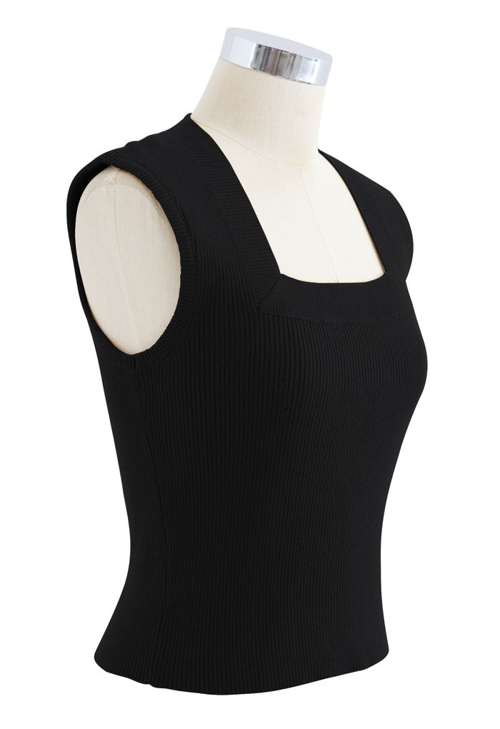 Square Neck Sleeveless Ribbed Knit Top in Black - Retro, Indie and ...