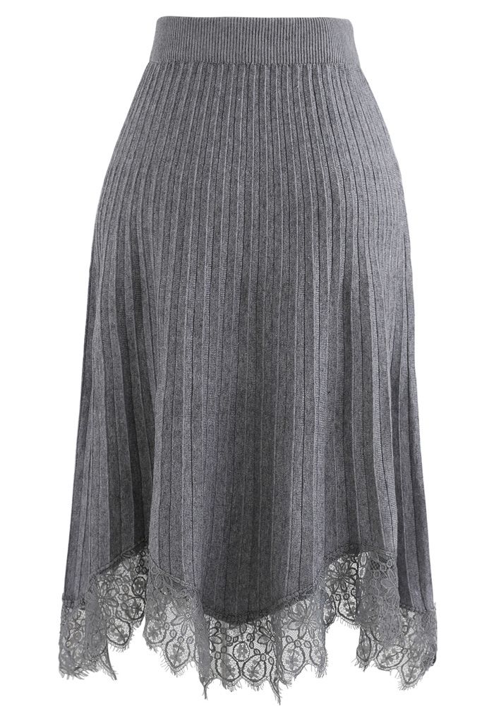 Lace Trim Pleated Knit Midi Skirt in Grey
