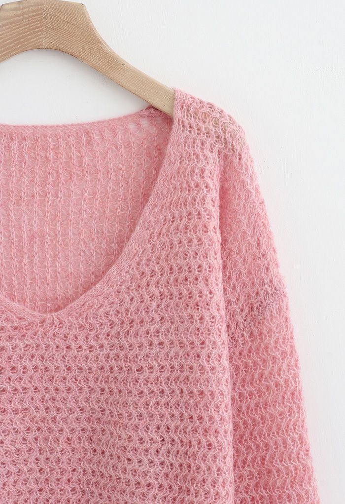 Fluffy Knit Hollow Out Crop Sweater in Pink