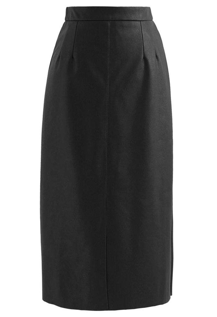 Vent Hem Faux Leather Pencil Skirt in Black