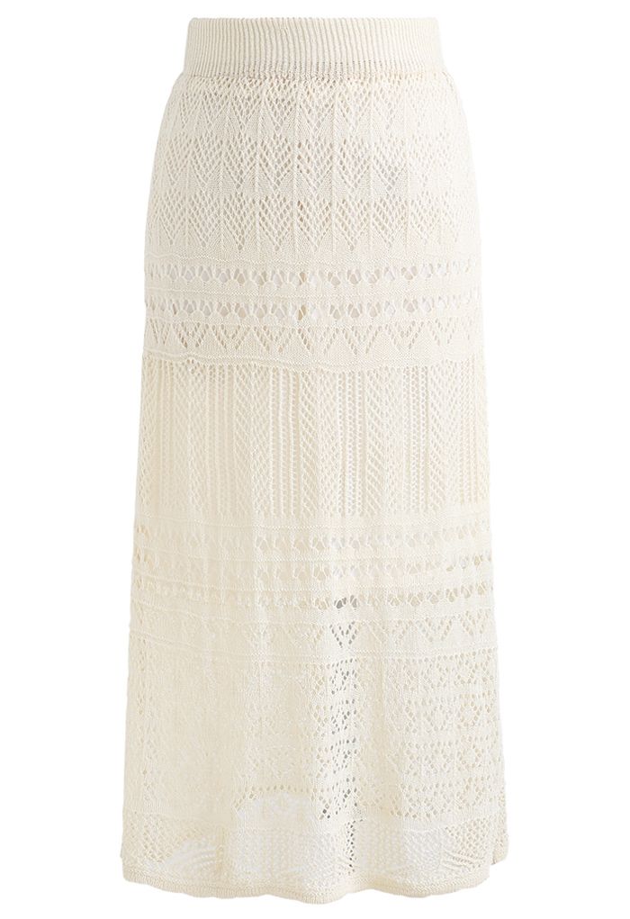 Versatile Hollow Out Knit Skirt in Cream