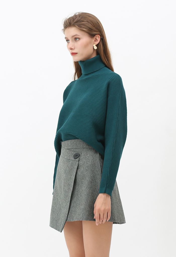 Basic Rib Knit Cowl Neck Crop Sweater in Dark Green