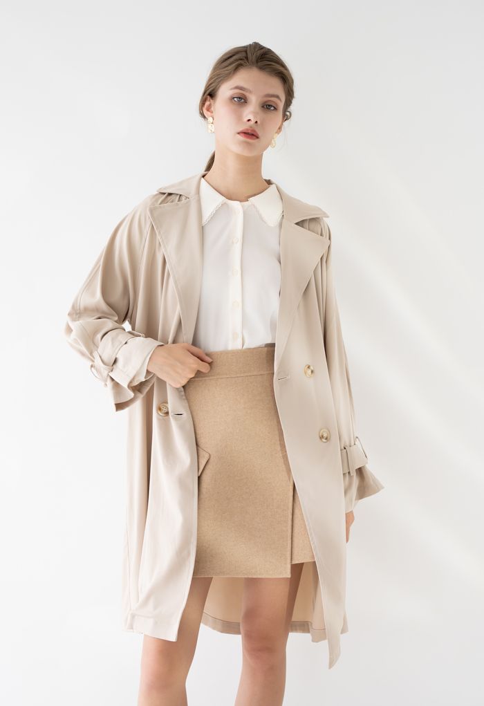 Belted Double-Breasted Chiffon Trench Coat in Sand