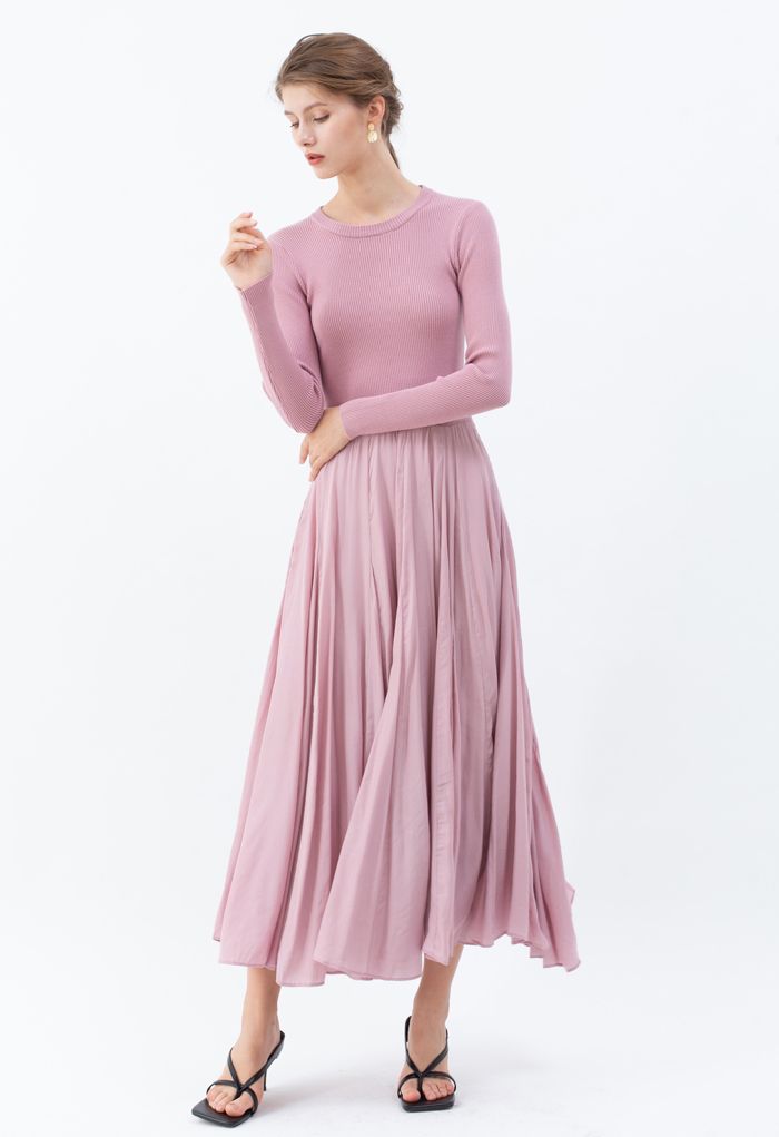 Knit Spliced Long Sleeves Maxi Dress in Pink