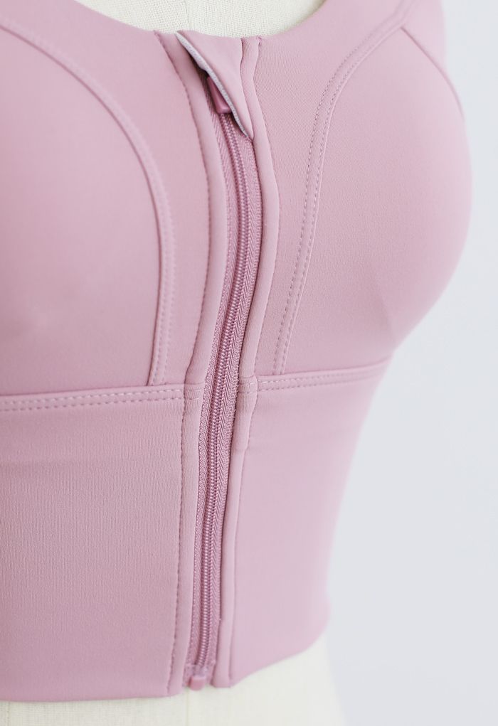 Cross Back Zipper Front Panelled Sports Bra in Pink