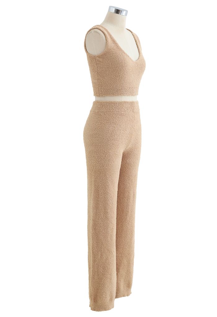 Fluffy Knit Crop Tank Top and Pants Set in Tan