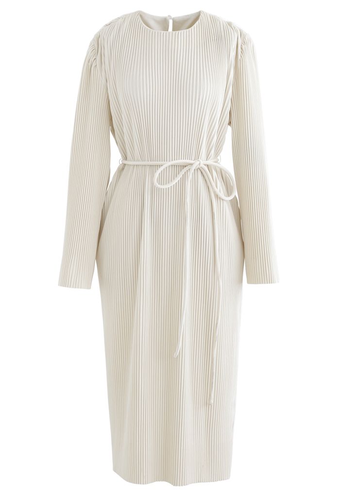 Self-Tied String Pleated Suede Midi Dress in Cream