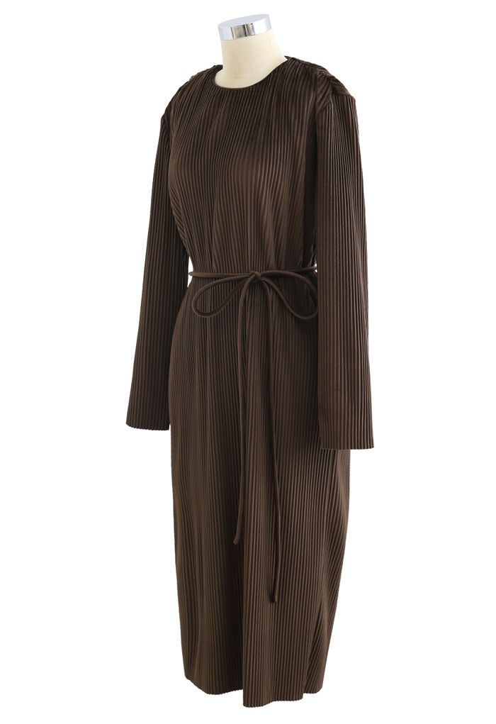 Self-Tied String Pleated Suede Midi Dress in Brown