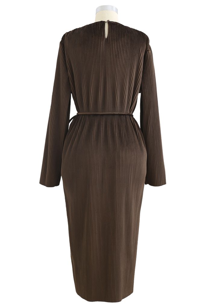 Self-Tied String Pleated Suede Midi Dress in Brown