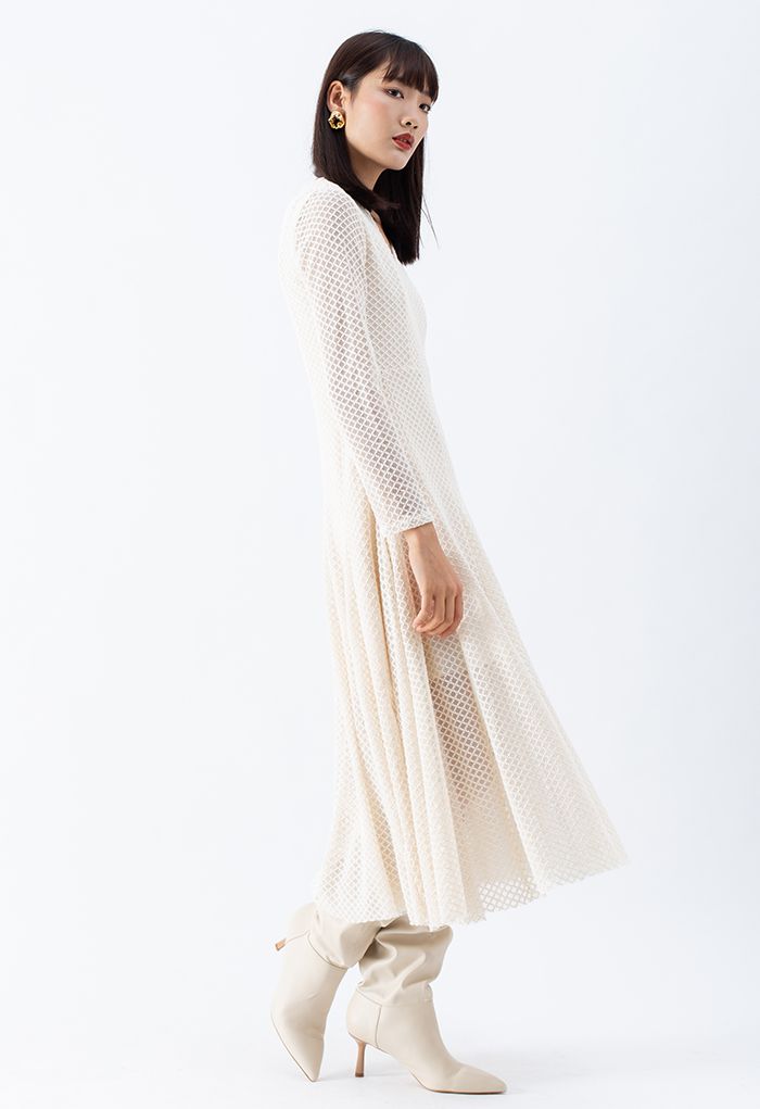 Textured Embroidery V-Neck Frilling Dress in Cream