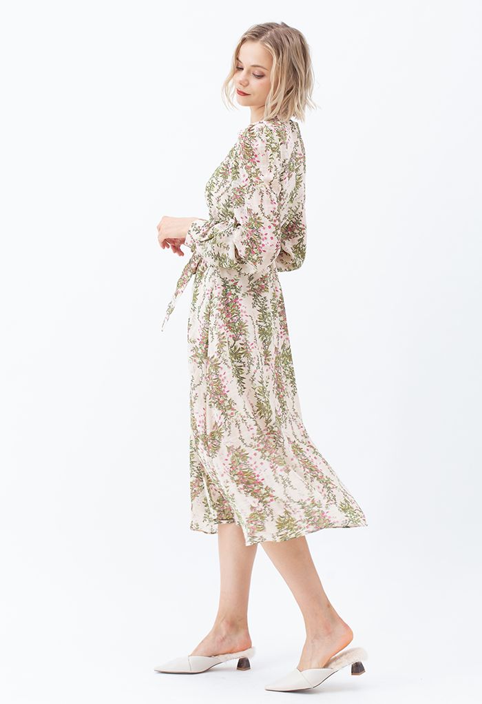 Floral Wrap Bowknot Chiffon Dress in Cream