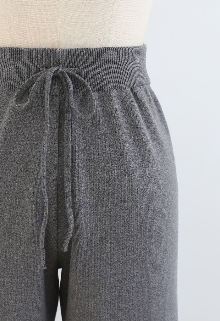 Straight Leg Drawstring Waist Knit Pants in Grey