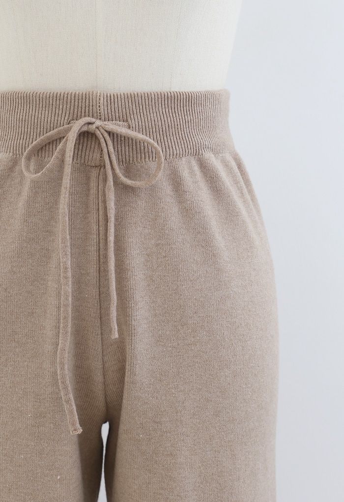 Straight Leg Drawstring Waist Knit Pants in Tan