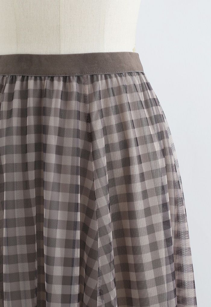 Gingham Double-Layered Mesh Tulle Midi Skirt in Brown - Retro, Indie ...