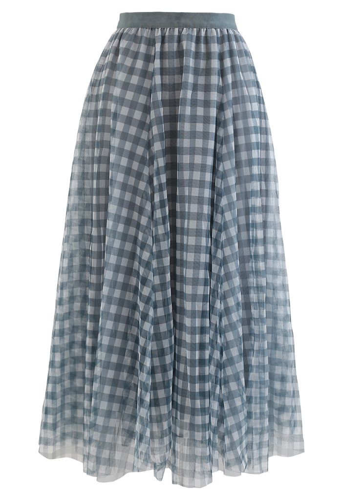 Gingham Double-Layered Mesh Tulle Midi Skirt in Green
