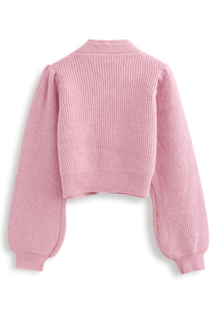 Crystal Button Puff Sleeves Crop Cardigan in Pink
