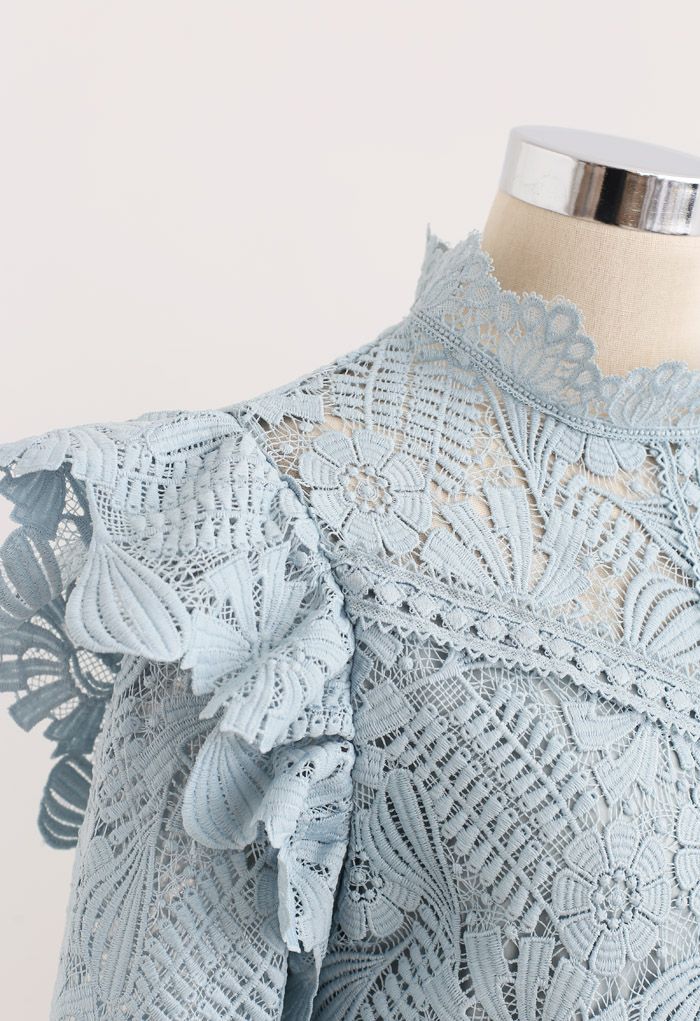 Panelled Sunflower Ruffle Crochet Top in Dusty Blue