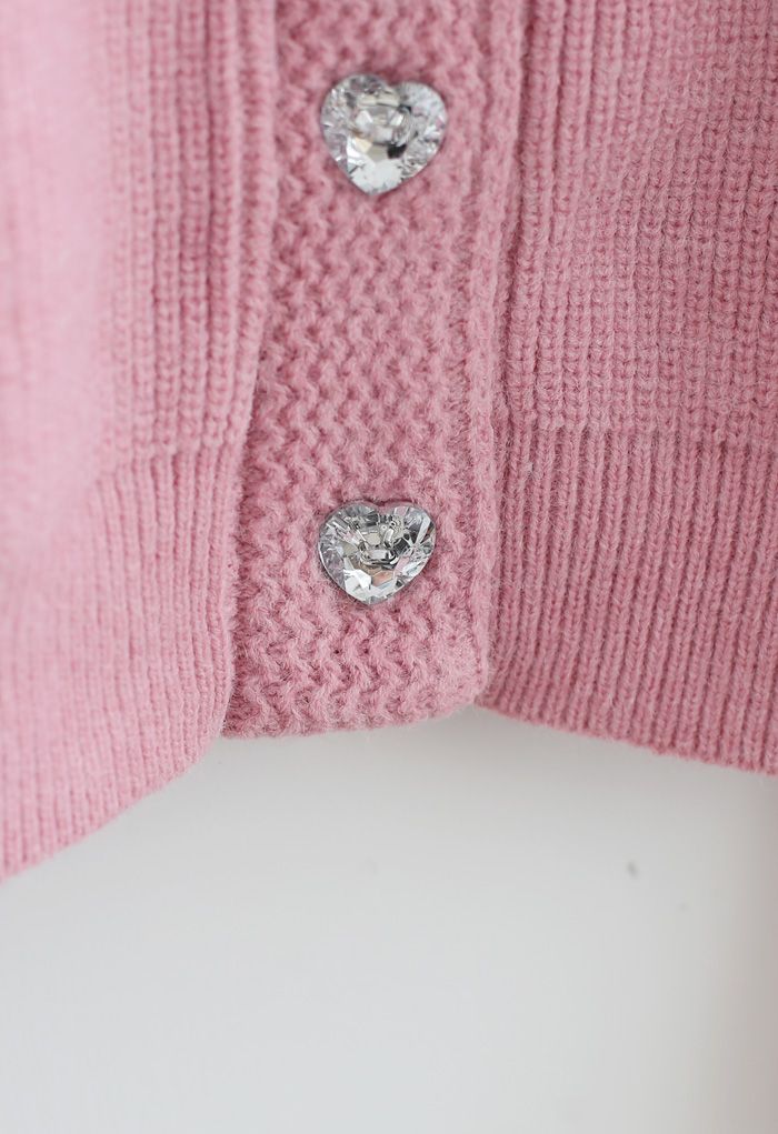 Crystal Button Puff Sleeves Crop Cardigan in Pink