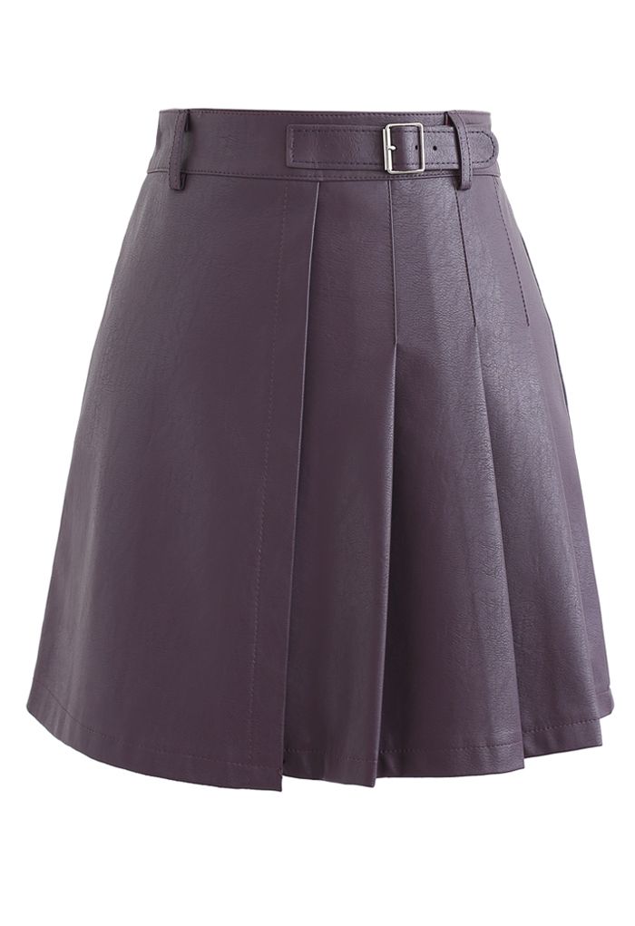 Belt Detail Faux Leather Pleated Mini Skirt in Purple