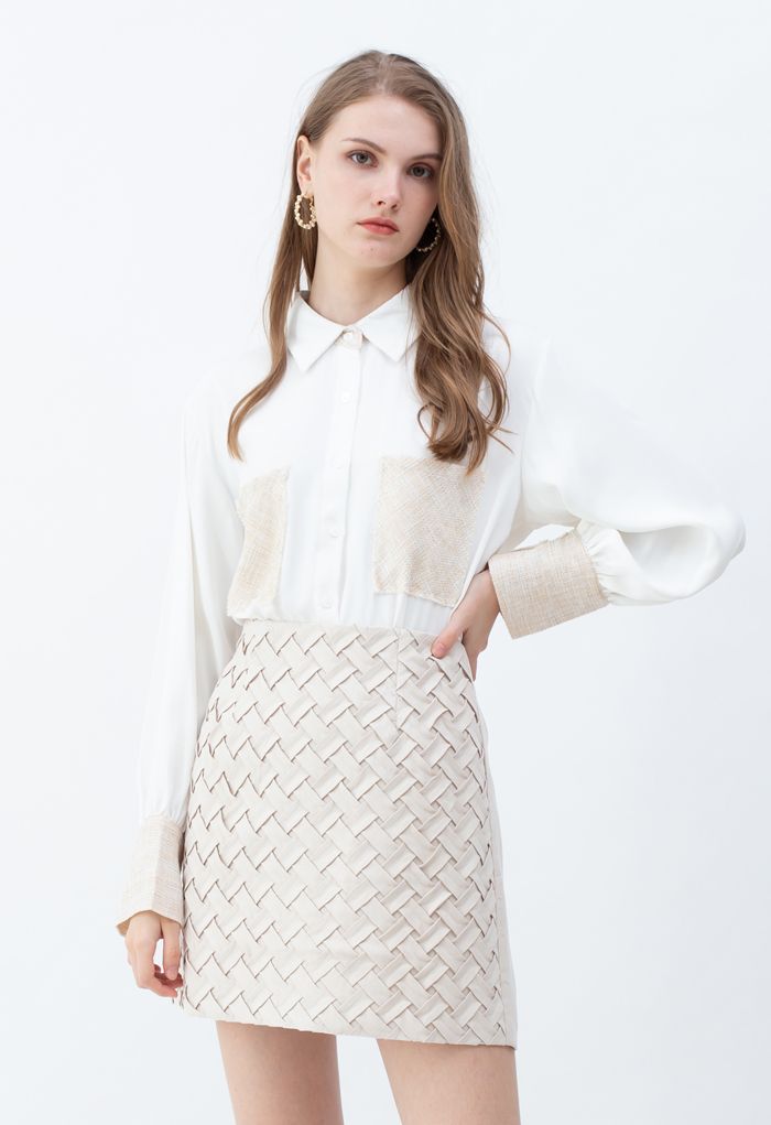 Textured Weave Spliced Buttoned Shirt in White