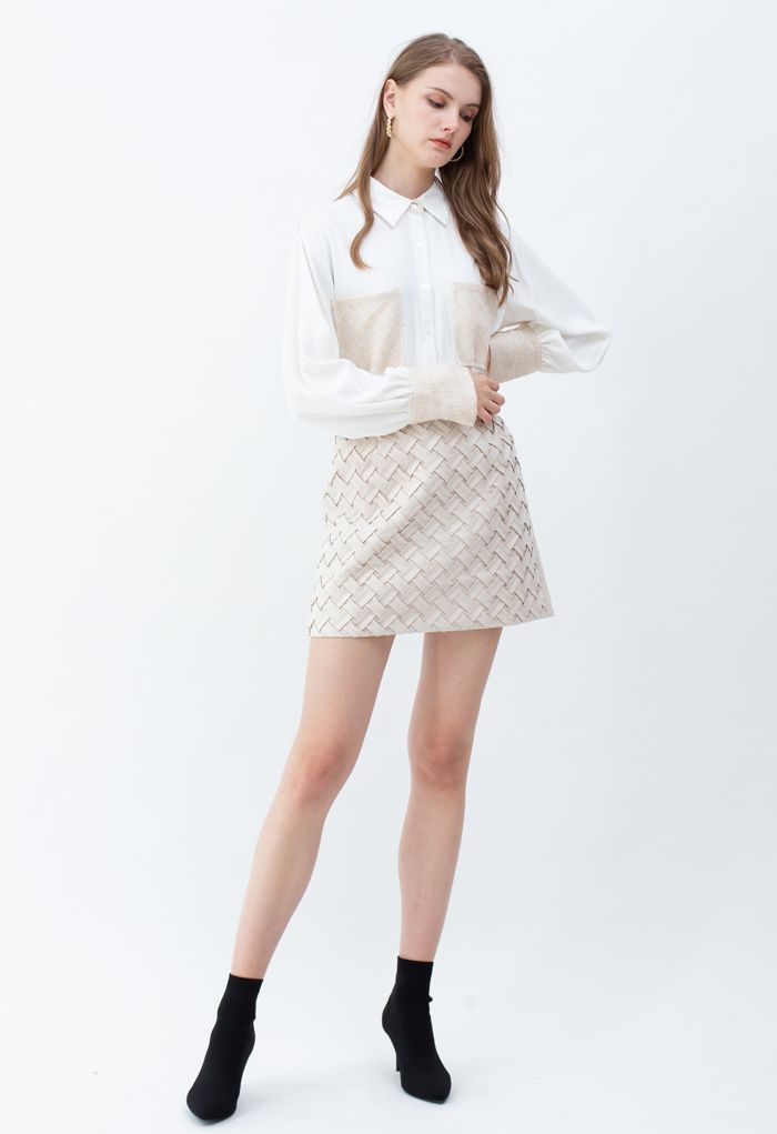 Textured Weave Spliced Buttoned Shirt in White