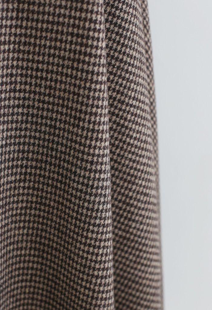 Houndstooth Wool-Blend A-Line Flare Skirt in Brown