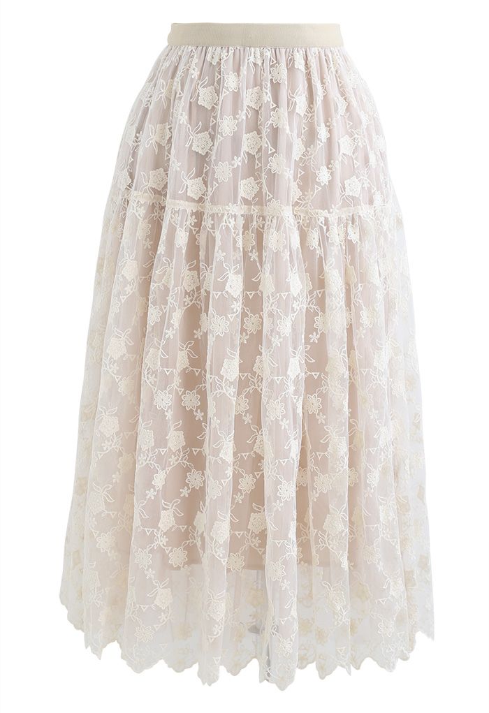 Floral Organza Overlay Mesh Midi Skirt in Cream