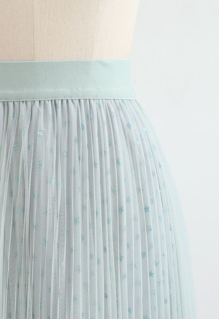 Starry Double-Layered Pleated Tulle Midi Skirt in Mint