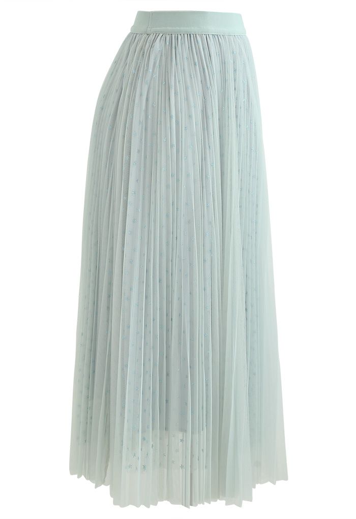 Starry Double-Layered Pleated Tulle Midi Skirt in Mint