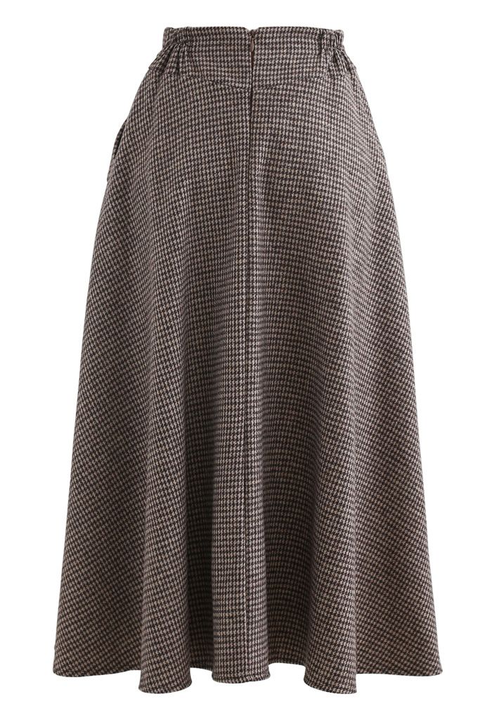 Houndstooth Wool-Blend A-Line Flare Skirt in Brown