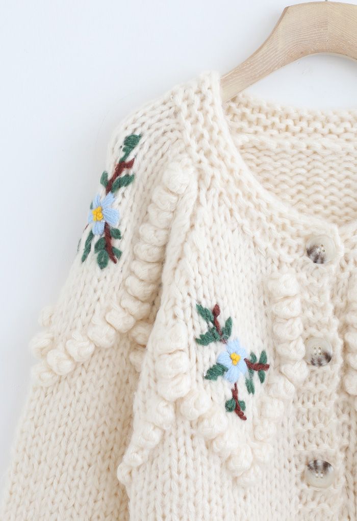 Floral Stitch Zig Zag Pom-Pom Hand Knit Cardigan