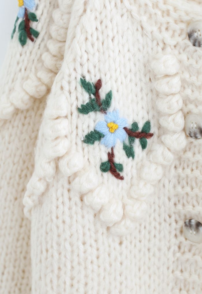 Floral Stitch Zig Zag Pom-Pom Hand Knit Cardigan