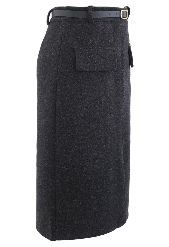 Belted Wool-Blend Split Skirt in Smoke