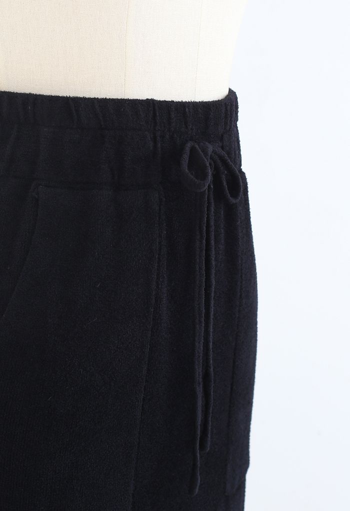 Drawstring Waist Pockets Pencil Knit Skirt in Black