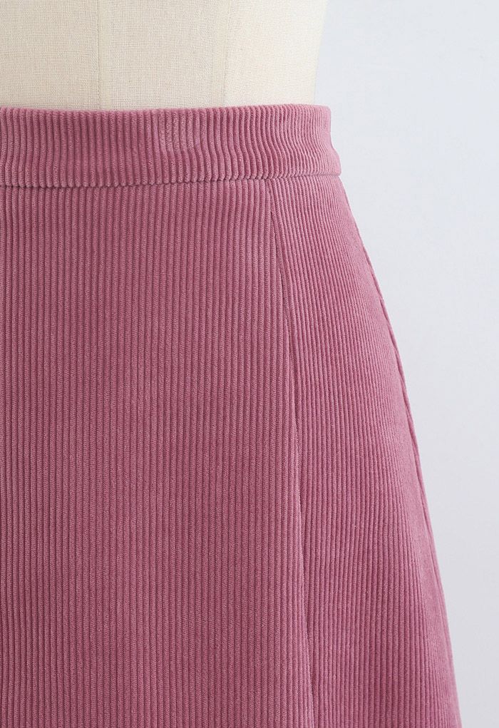 Front Split Corduroy Midi Skirt in Pink