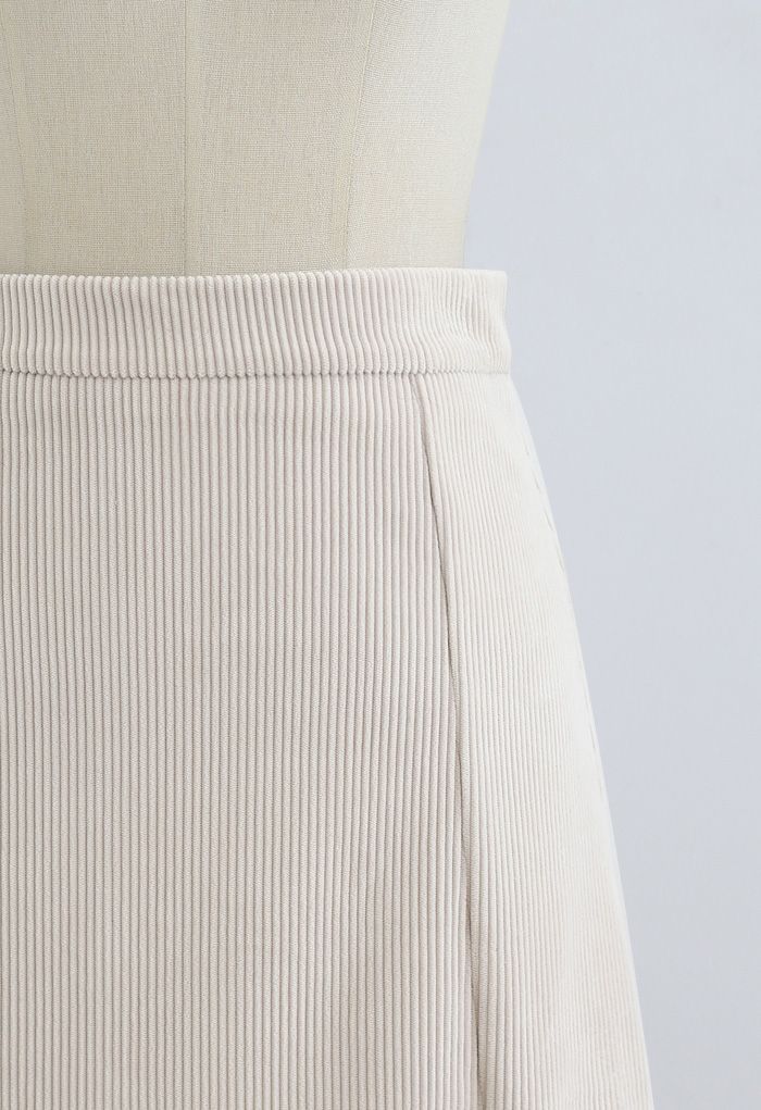 Front Split Corduroy Midi Skirt in Cream