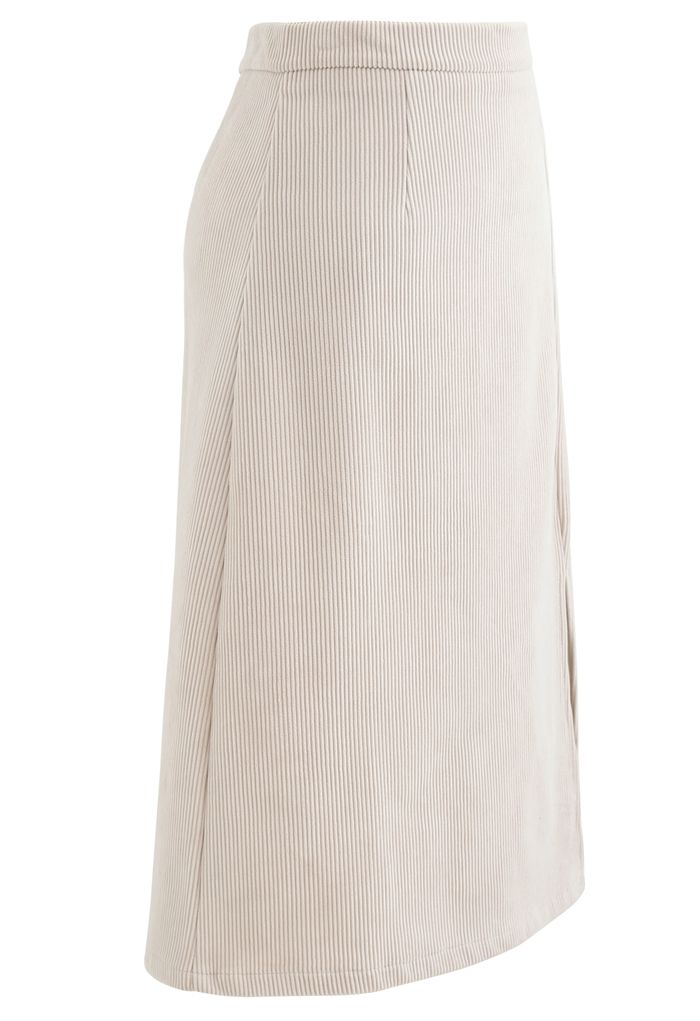 Front Split Corduroy Midi Skirt in Cream