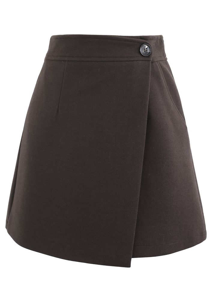 Flap Button Wool-Blend Mini Skirt in Brown