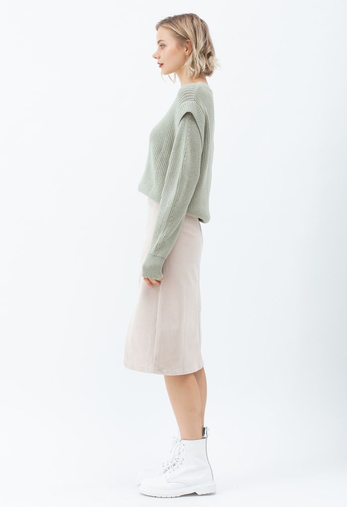 Soft Hue Round Neck Rib Knit Sweater in Moss Green