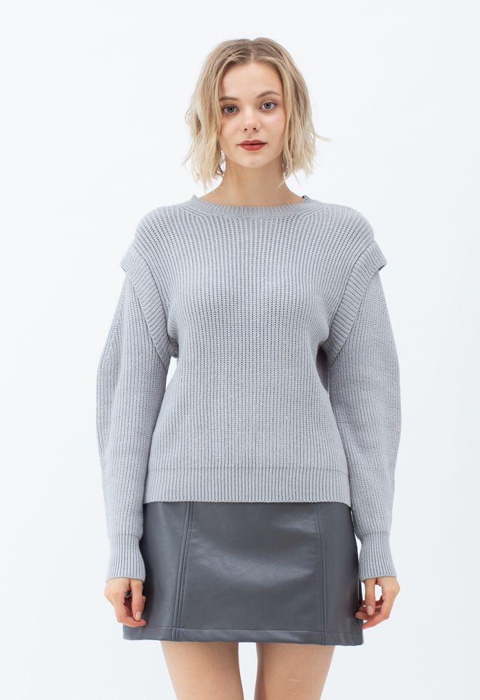 Soft Hue Round Neck Rib Knit Sweater in Dusty Blue