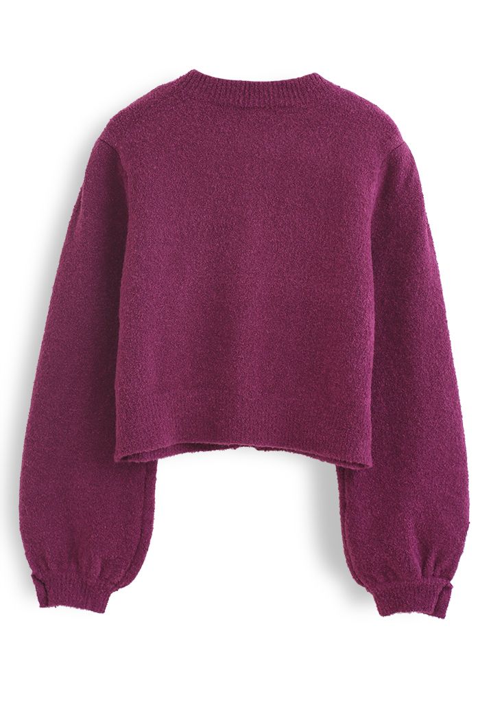 Fluffy Button Down Pocket Knit Cardigan in Berry