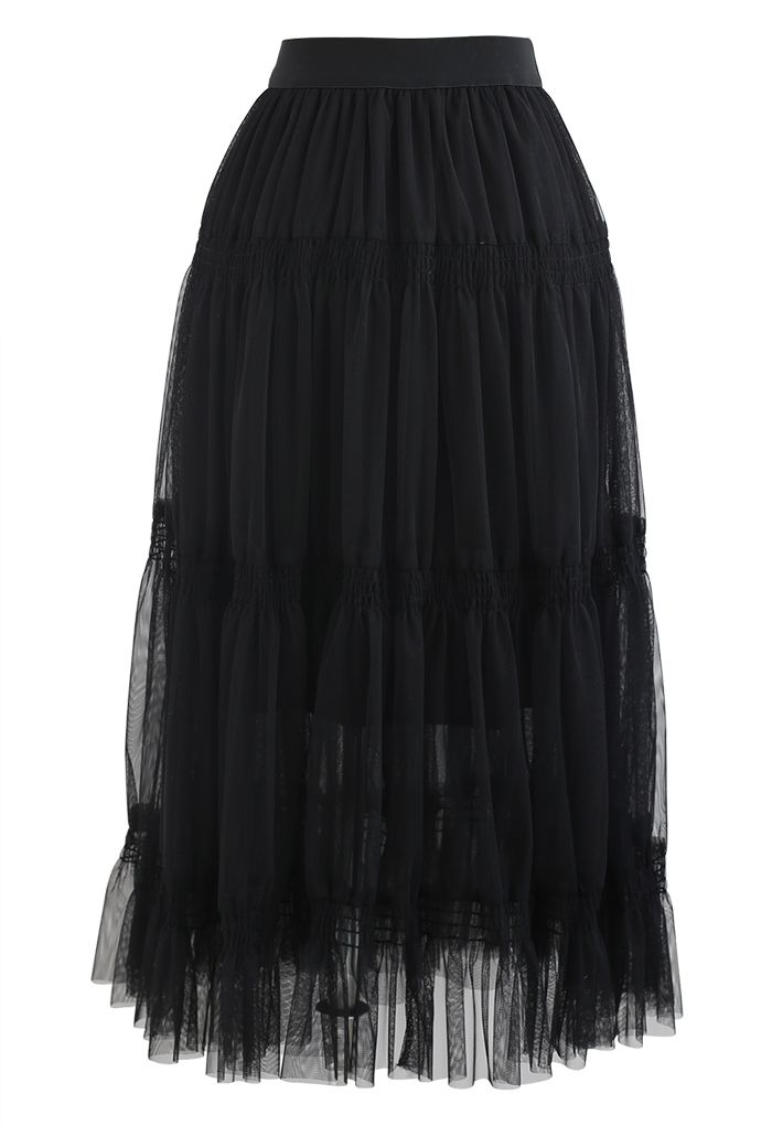 Shirred Elastic Double-Layered Mesh Skirt in Black