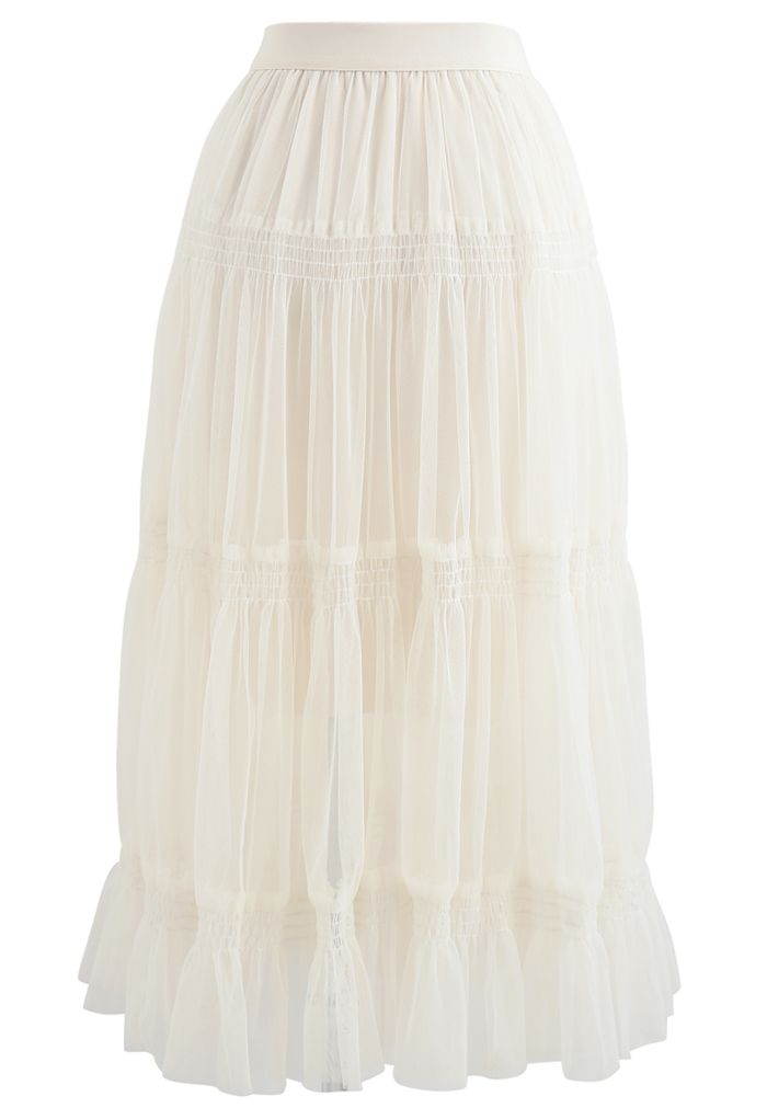 Shirred Elastic Double-Layered Mesh Skirt in Ivory