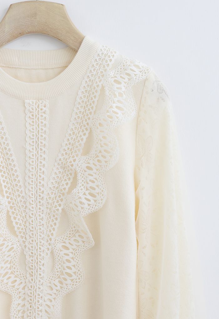 Lacy Front Mesh Sleeves Knit Top in Cream